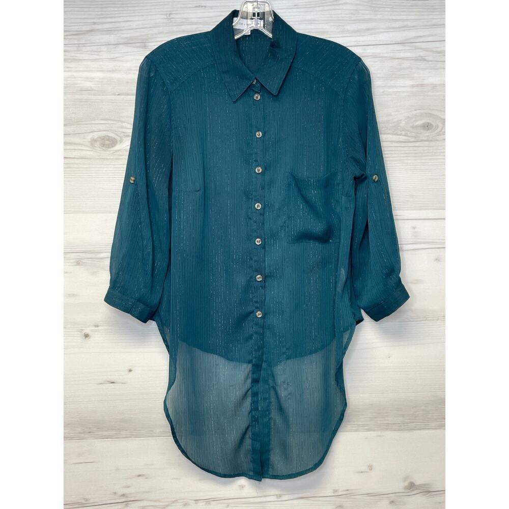 Lost + Wander Blouse Teal Blue Button Up Sheer Roll Tab Sleeve Sheer Womens S
